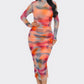 Summer Heat Print Mesh Ruched Midi Dress