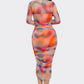 Summer Heat Print Mesh Ruched Midi Dress