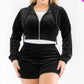 Plus Size Velour Crop Zip Up Hoodie And Shorts Set