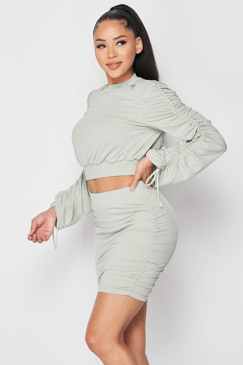 Ruched Long Sleeve & Skirt Set