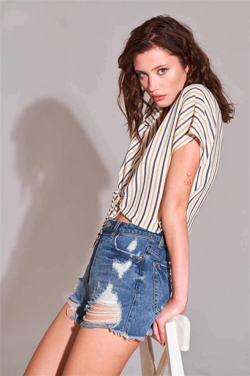 Distressed High-waist Front Zip-up Shorts