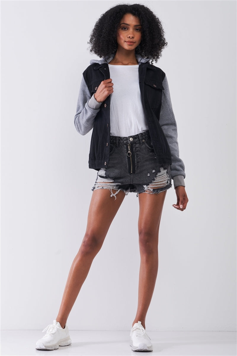 Distressed High-waist Front Zip-up Shorts