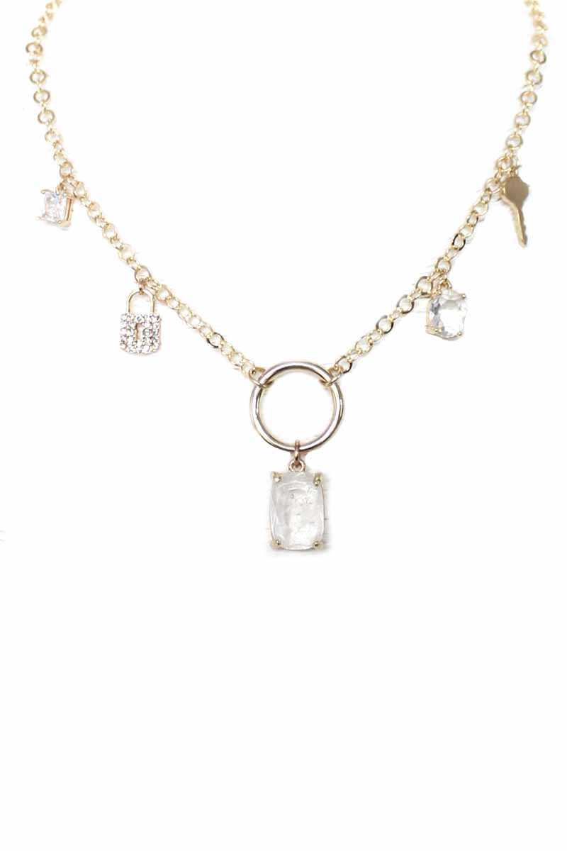 Crystal Stone Lock And Key Dangle Necklace