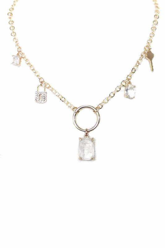 Crystal Stone Lock And Key Dangle Necklace