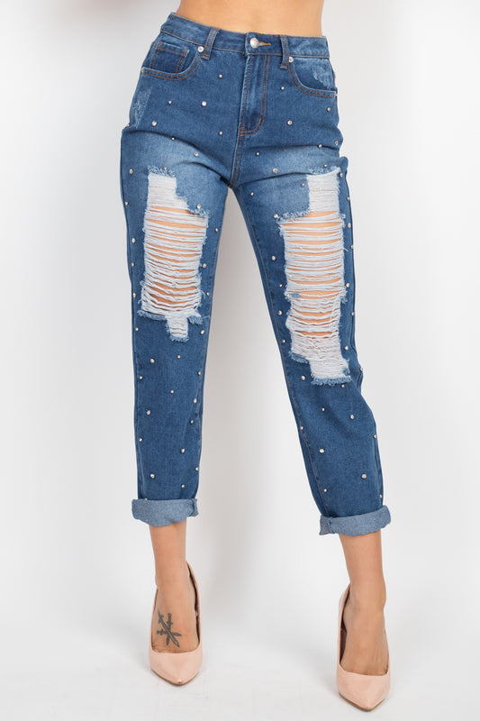 Rhinestone Ripped-Front Denim Jeans