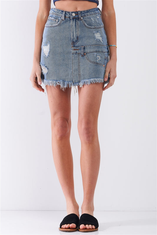 High-waist Asymmetrical Distressed Raw Hem Skirt