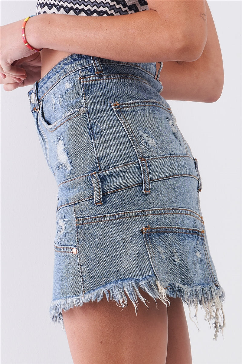 High-waist Asymmetrical Distressed Raw Hem Skirt