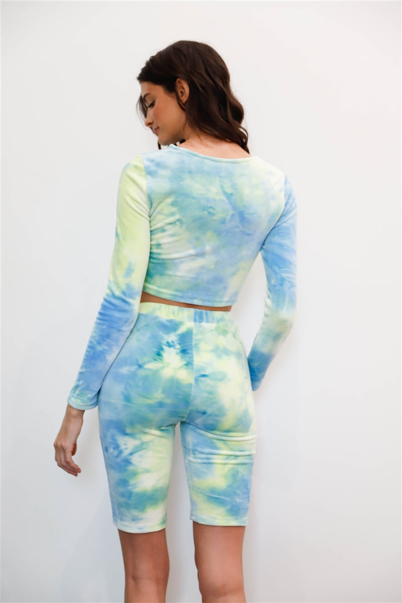 Tie-dye Cropped Long Sleeve & Bike Shorts Set