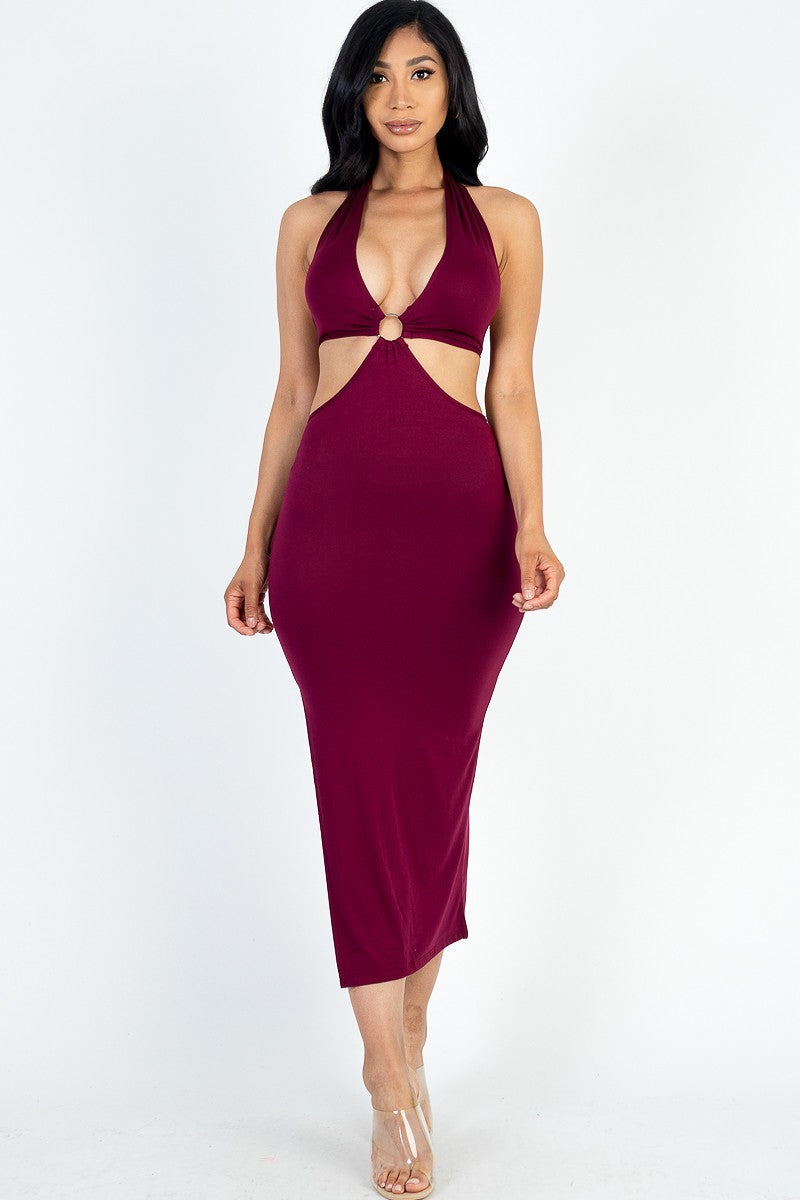 Cut-out Halter Thigh Slit Midi Dress