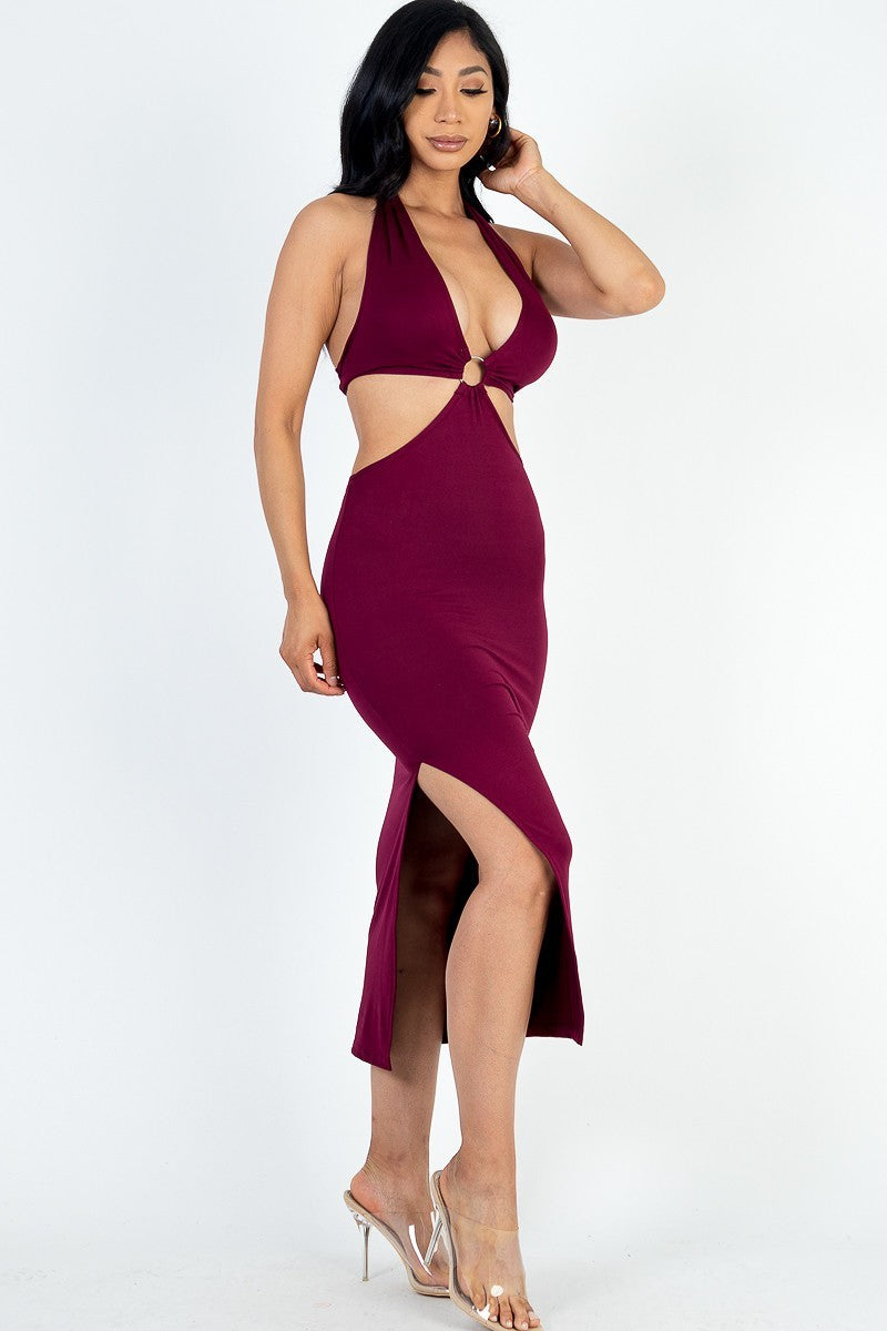 Cut-out Halter Thigh Slit Midi Dress