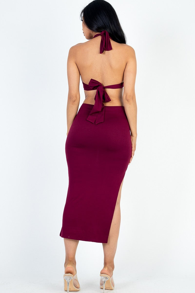 Cut-out Halter Thigh Slit Midi Dress