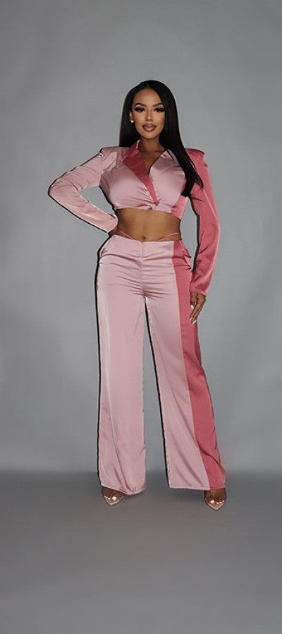 Colorblock Crop Blazer & Low Rise Wide Leg Pant Set