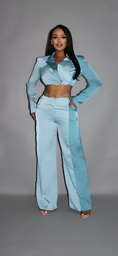 Colorblock Crop Blazer & Low Rise Wide Leg Pant Set