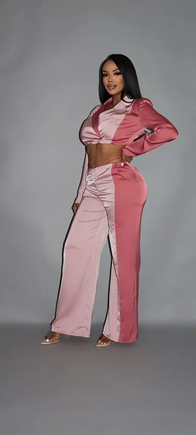 Colorblock Crop Blazer & Low Rise Wide Leg Pant Set