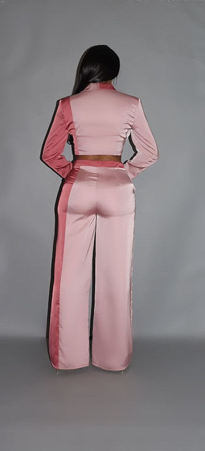 Colorblock Crop Blazer & Low Rise Wide Leg Pant Set