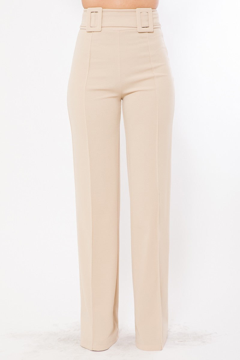 High Waist Fabric Buckle Pants