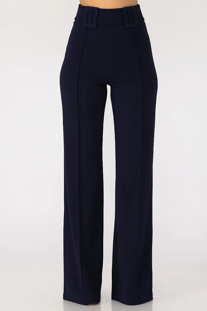 High Waist Fabric Buckle Pants