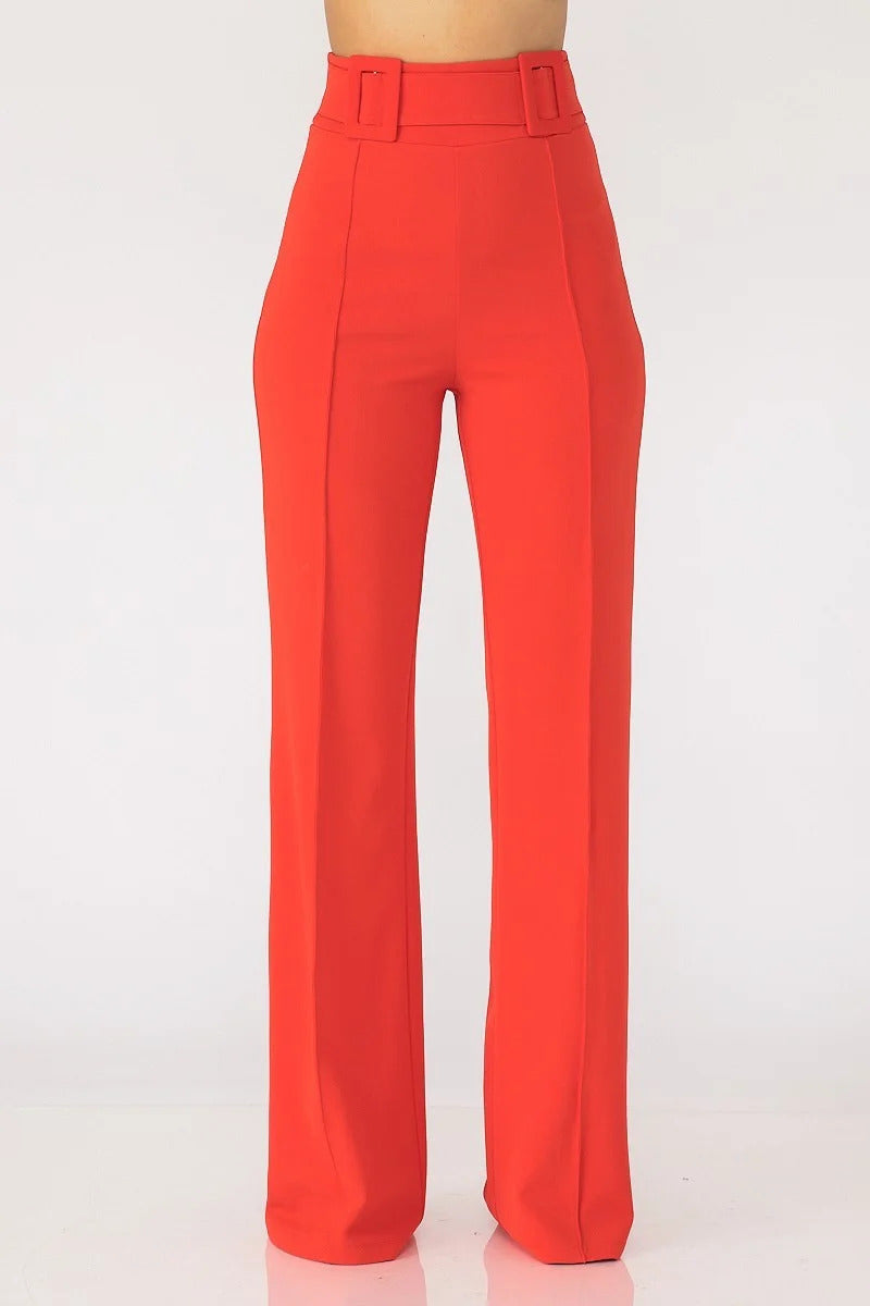 High Waist Fabric Buckle Pants