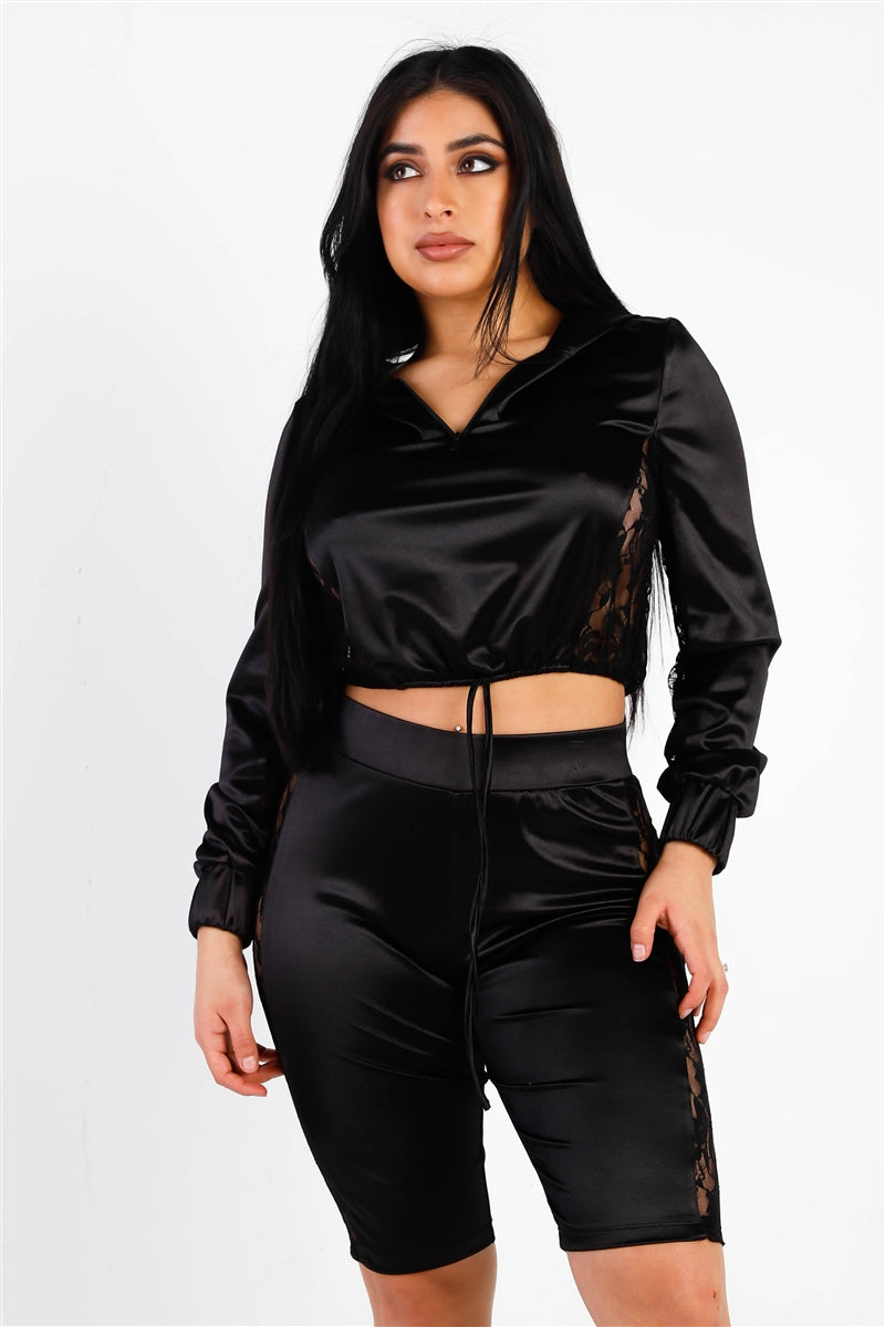 Satin & Lace Hooded Crop & Biker Short Set