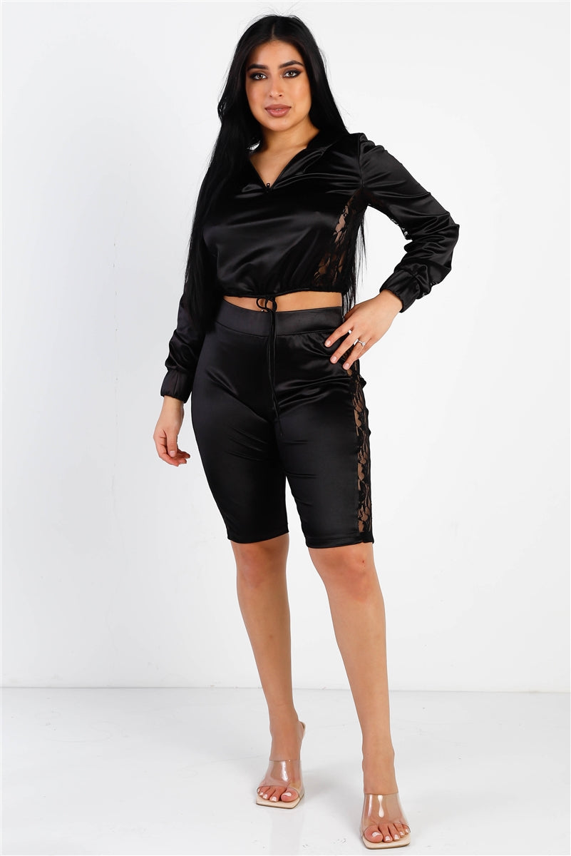 Satin & Lace Hooded Crop & Biker Short Set