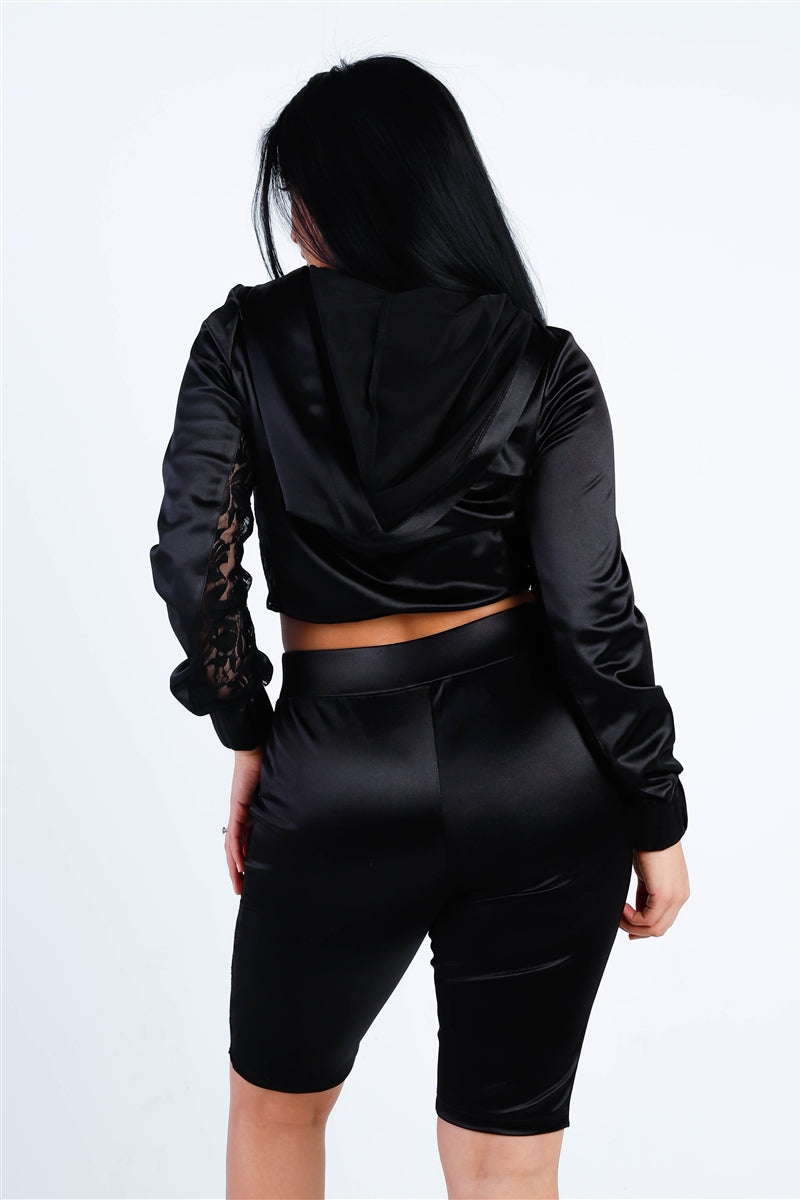 Satin & Lace Hooded Crop & Biker Short Set