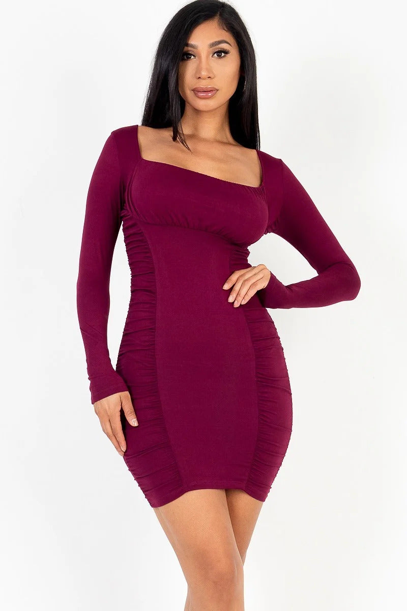 U-neck Ruched Bodycon Mini Dress