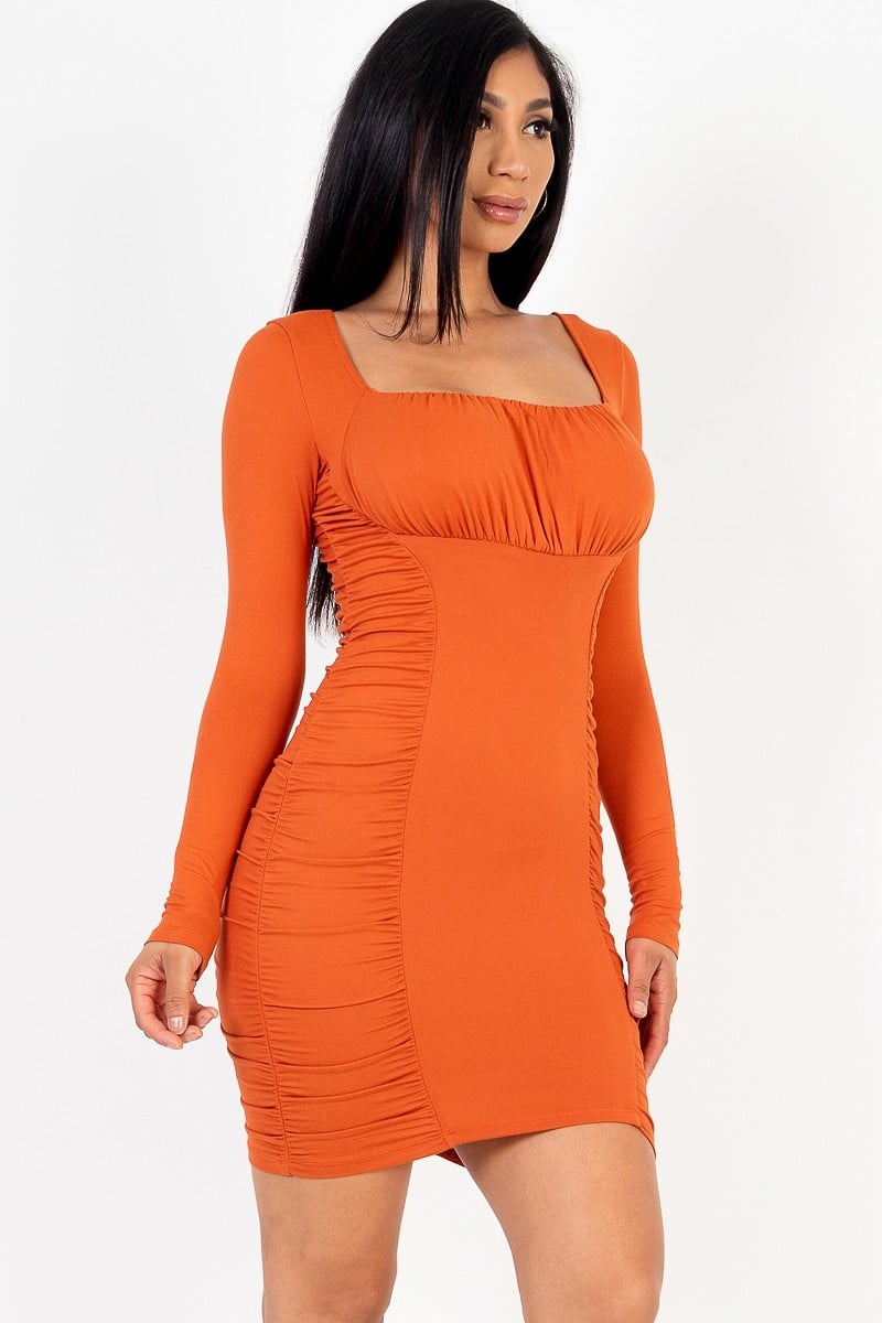 U-neck Ruched Bodycon Mini Dress