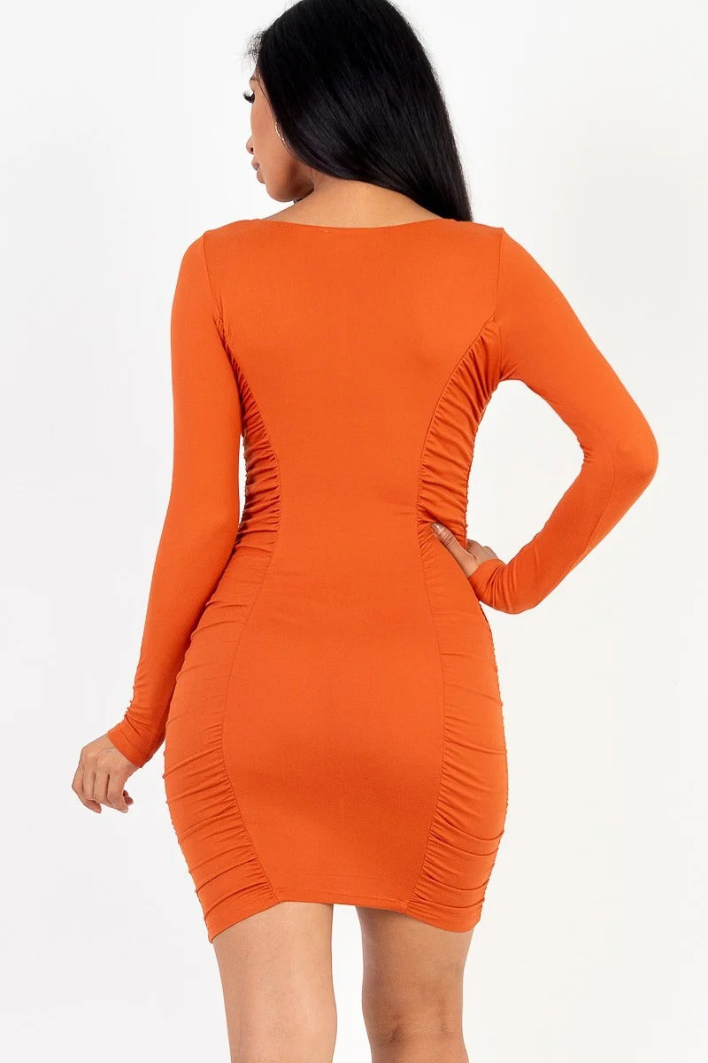 U-neck Ruched Bodycon Mini Dress