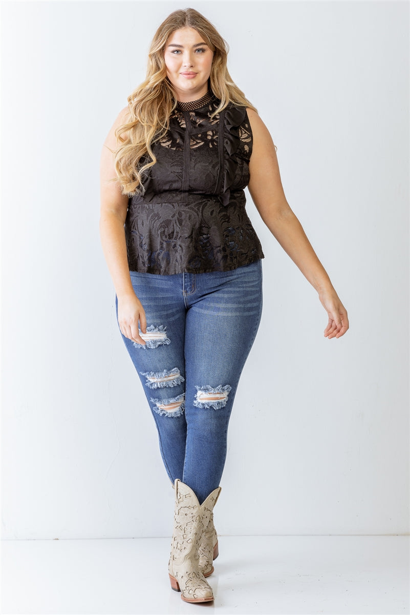 Lace Mesh Ruffle Flare Hem Top Curvy