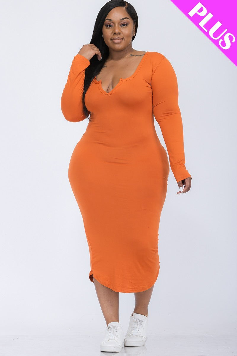 Split Neck Long Sleeve Midi Dress Curvy