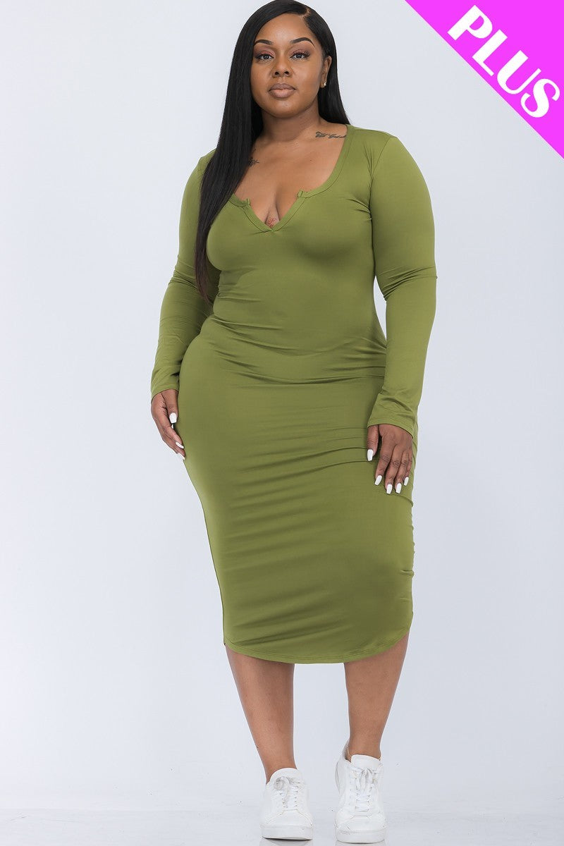 Split Neck Long Sleeve Midi Dress Curvy