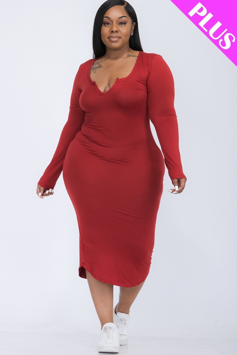 Split Neck Long Sleeve Midi Dress Curvy