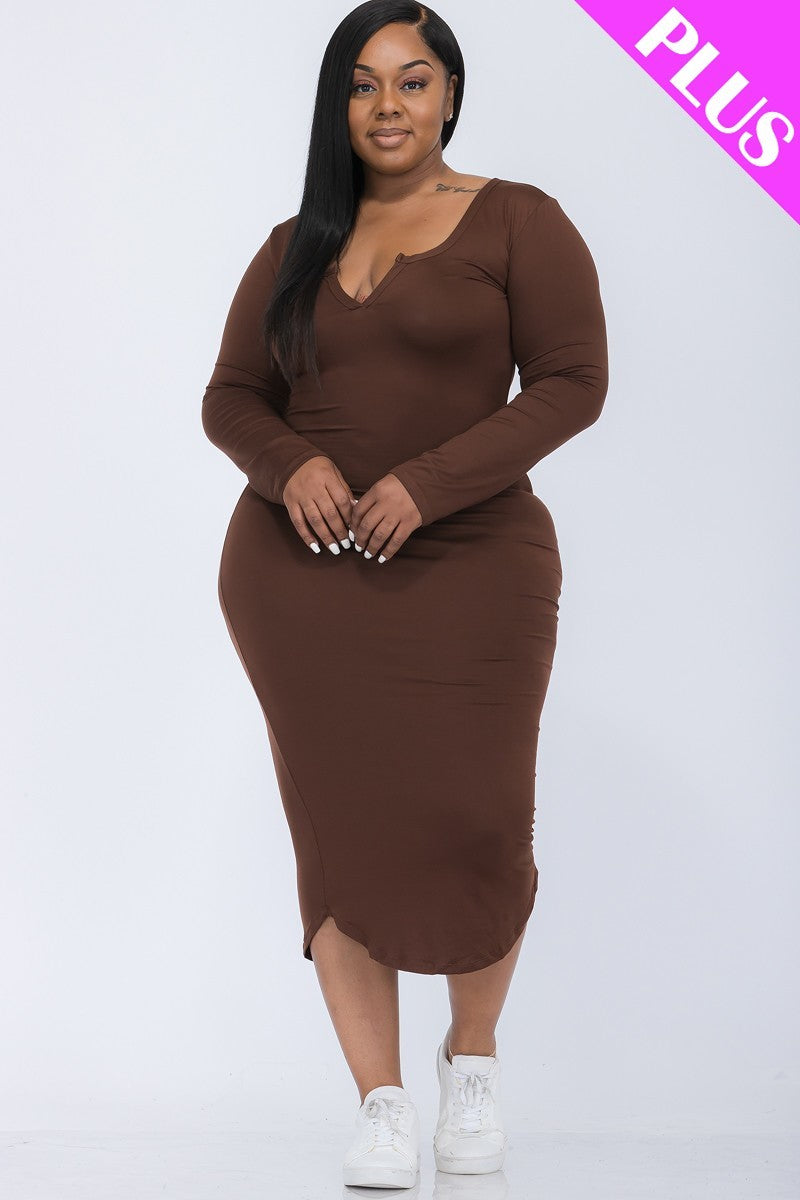 Split Neck Long Sleeve Midi Dress Curvy