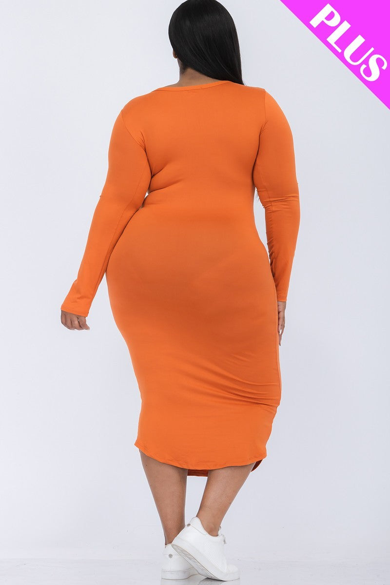 Split Neck Long Sleeve Midi Dress Curvy