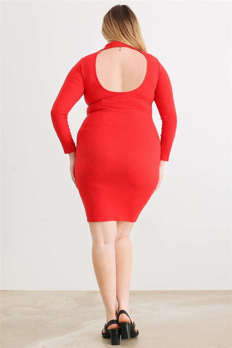 Ribbed Mock Neck Cut-out Back Midi Dress