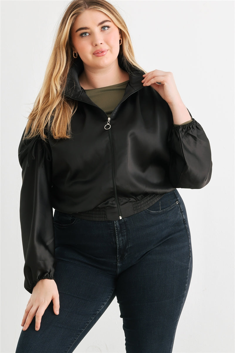 Satin Ruched Sleeve Cropped Bomber Jacket Curvy