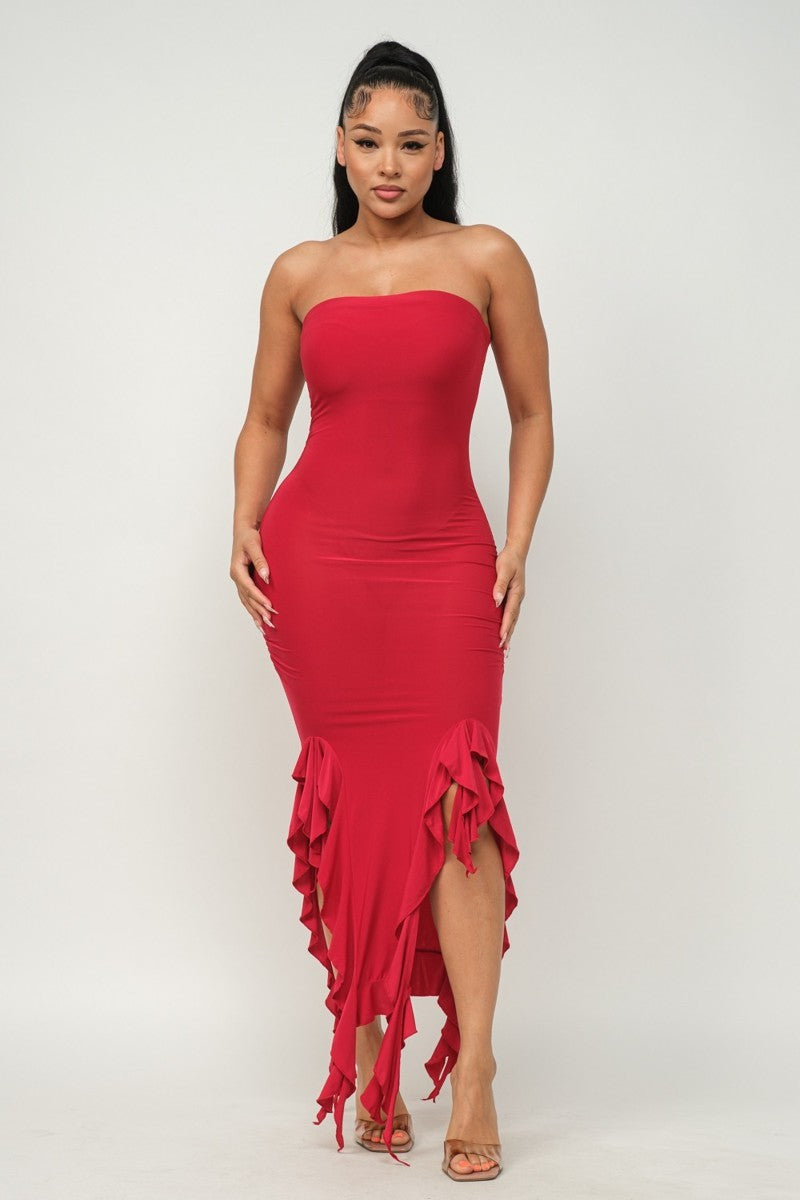 Bottom Ruffle Trim Tube Maxi Dress