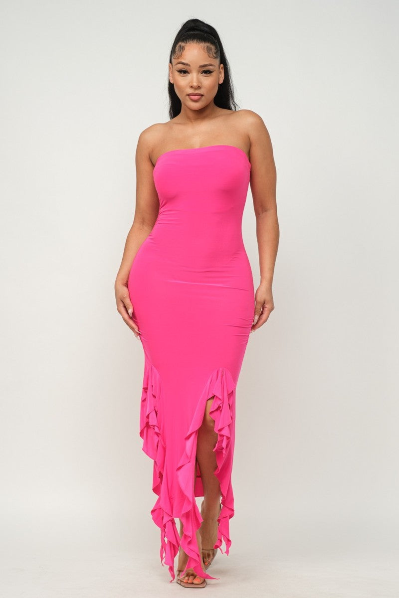 Bottom Ruffle Trim Tube Maxi Dress