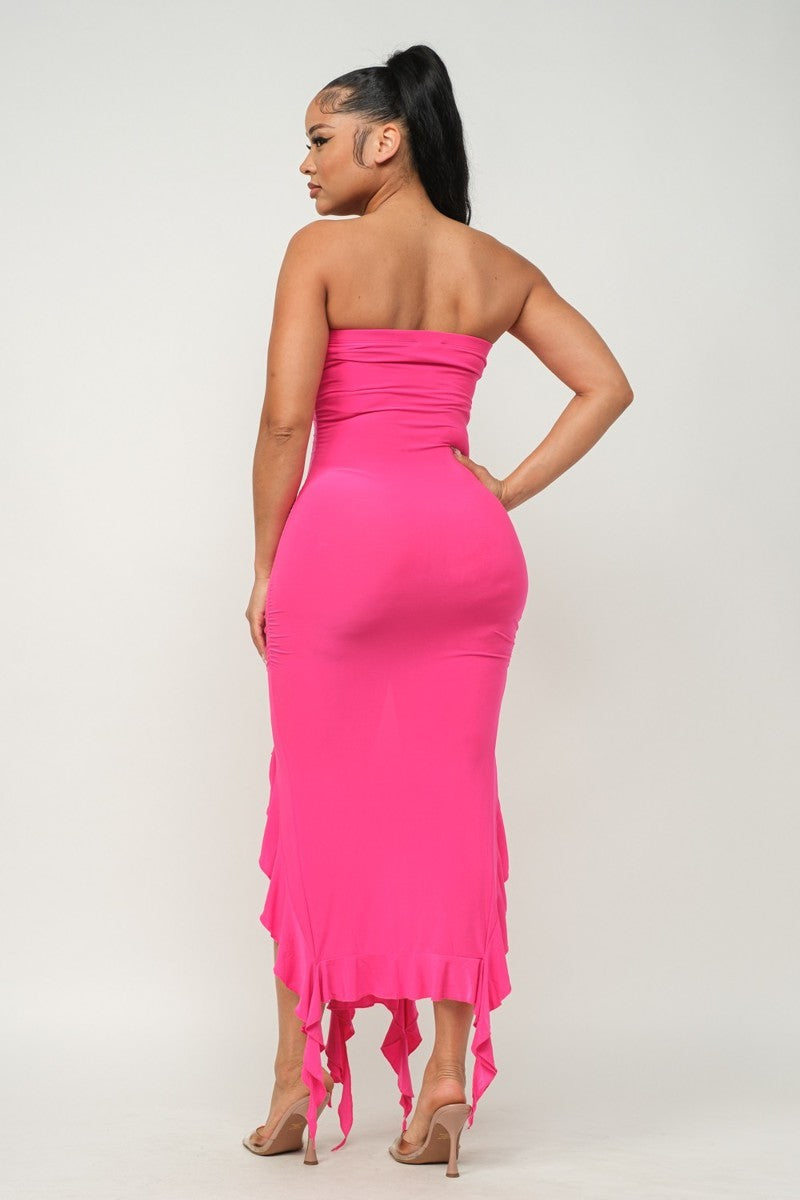 Bottom Ruffle Trim Tube Maxi Dress