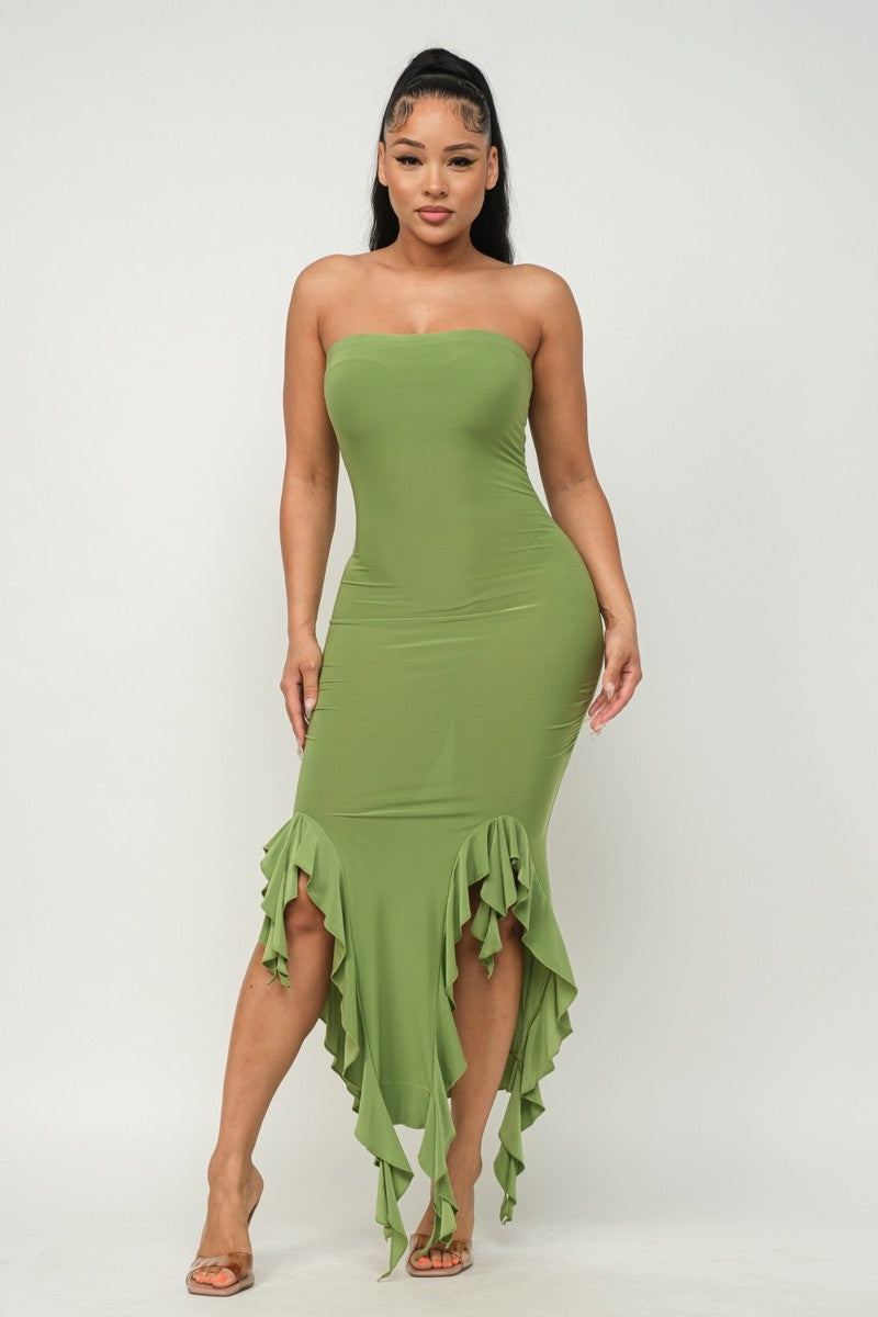 Bottom Ruffle Trim Tube Maxi Dress