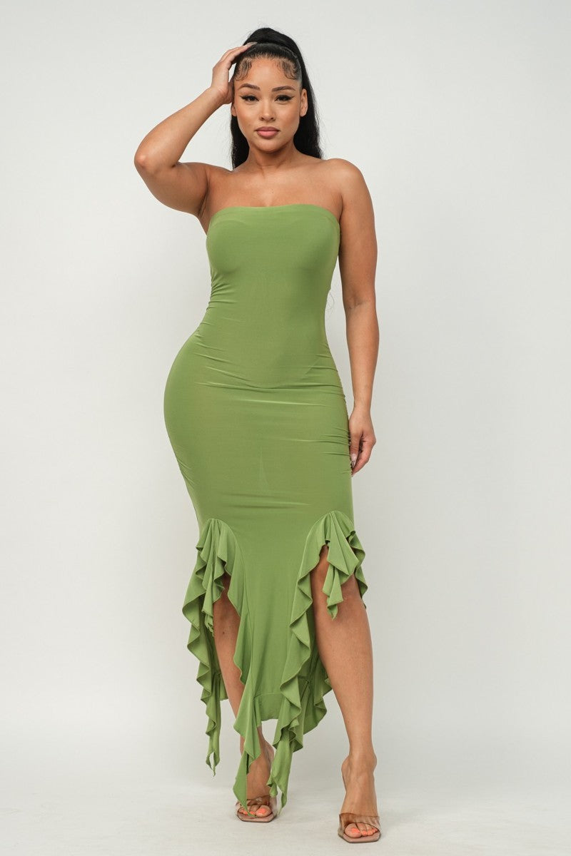 Bottom Ruffle Trim Tube Maxi Dress