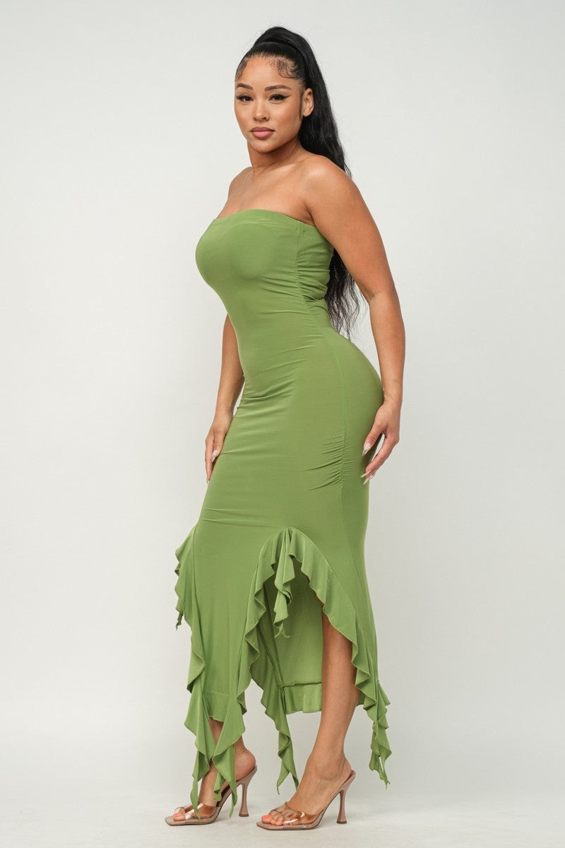 Bottom Ruffle Trim Tube Maxi Dress