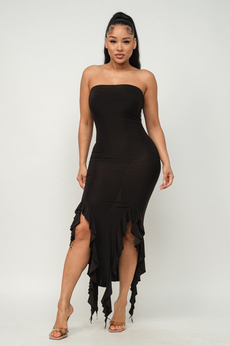 Bottom Ruffle Trim Tube Maxi Dress