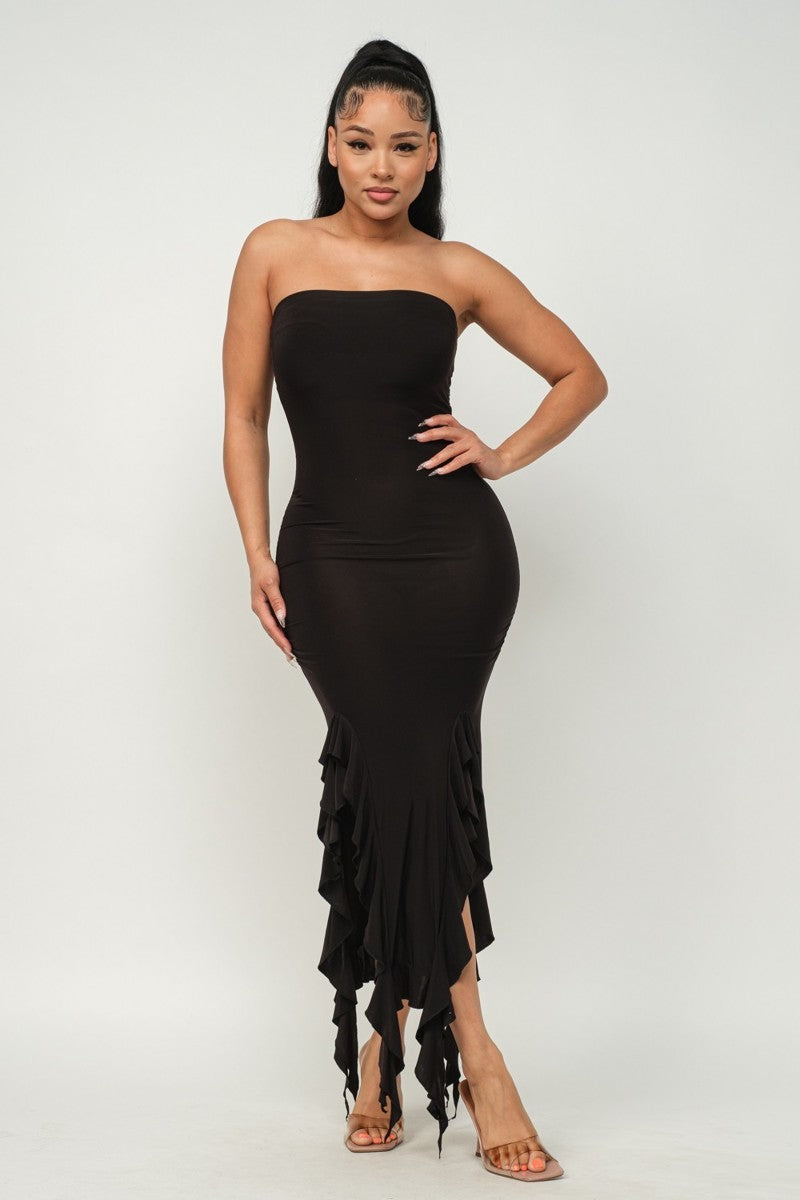 Bottom Ruffle Trim Tube Maxi Dress