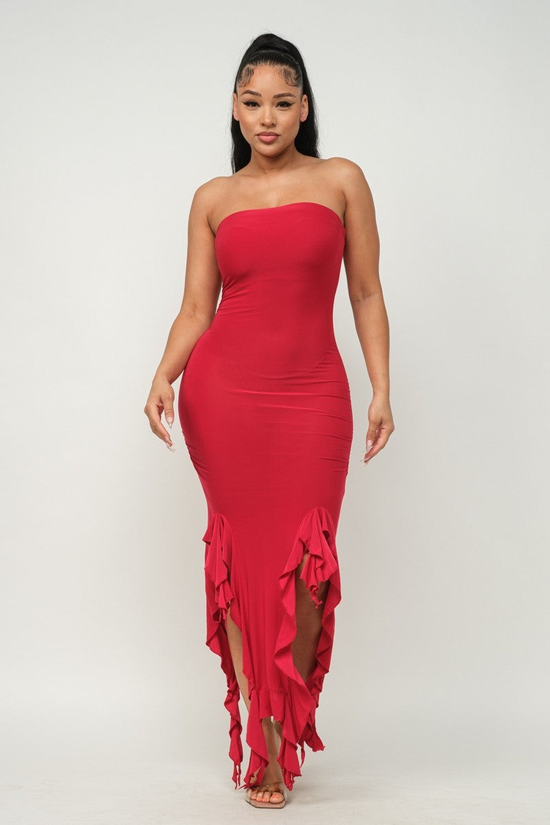 Bottom Ruffle Trim Tube Maxi Dress