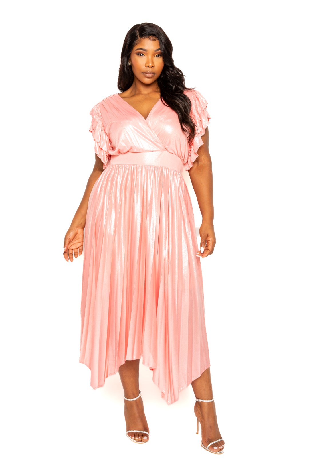 Pleated Flutter Sleeve Dress Curvy