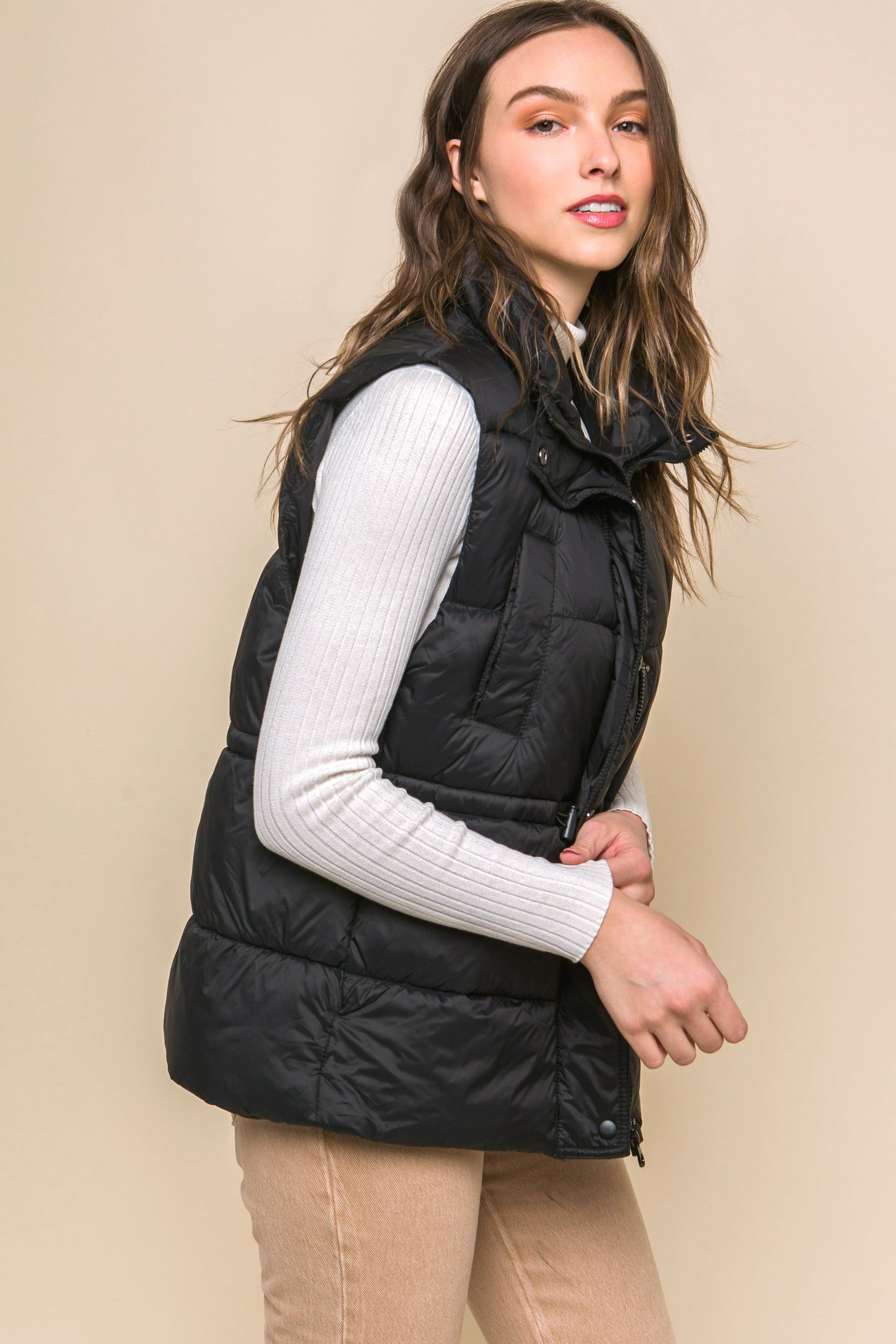 Zip Up Button Puffer Vest With Waist Toggles