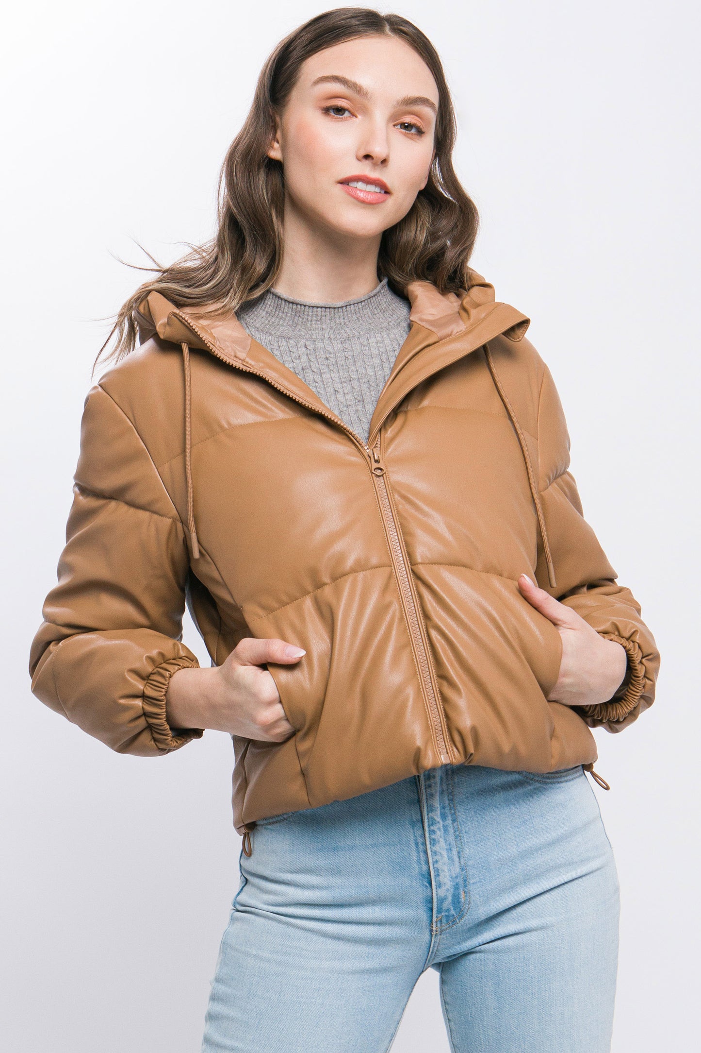 Pu Faux Leather Zipper Hooded Puffer Jacket