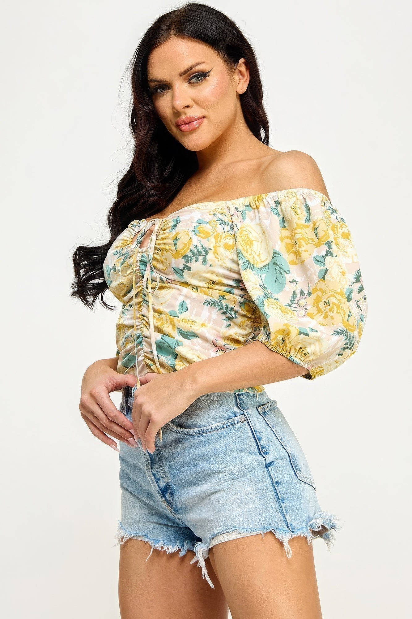 Floral Print Lace Up Ruched Crop Top