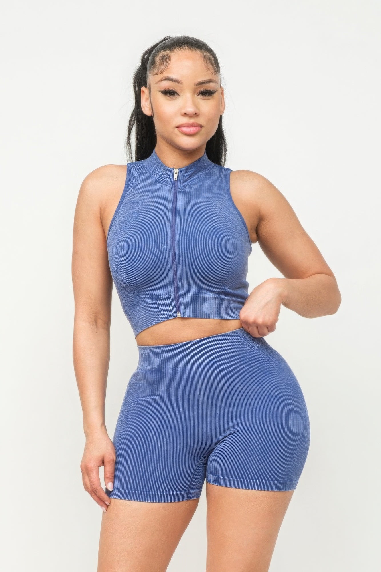 Washed Seamless Zipper Top And Shorts Set